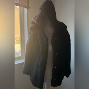Black Sherpa Hooded Jacket XL (14) Girls Cozy Fleece Button Up